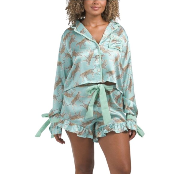8 OAK LANE Satin Tiger Pajama Set With Ribbon Tie - Picture 1 of 4